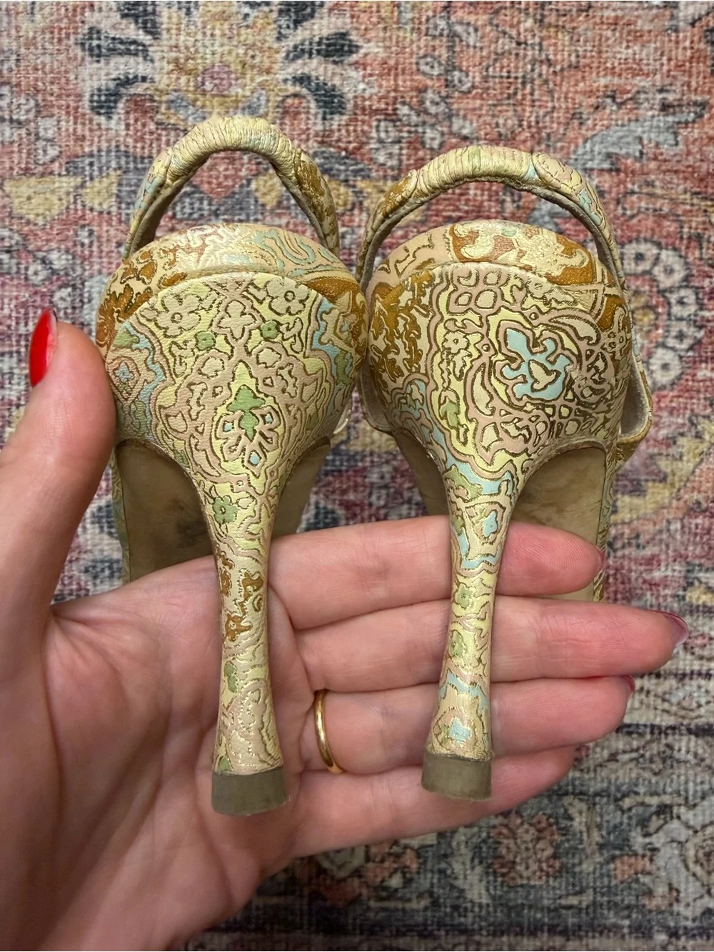 Vintage Manolo Blahnik Gold Floral Slingback Heeled Sandals